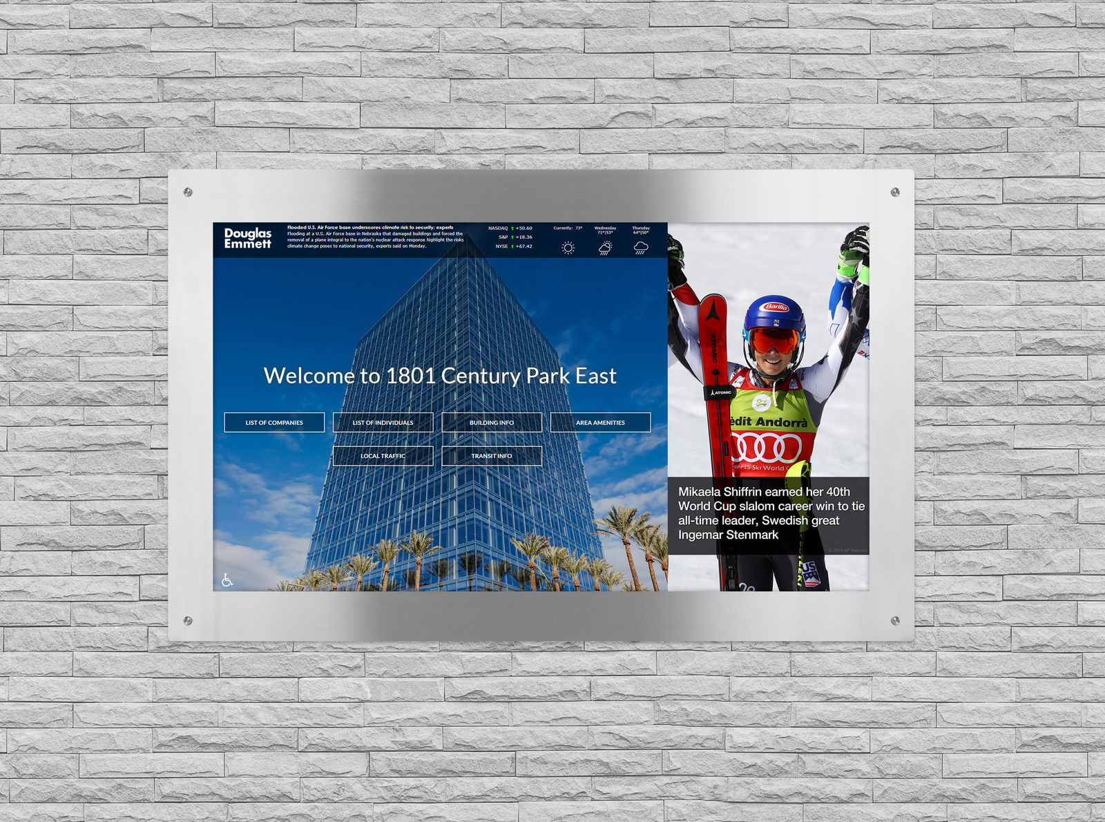 Interactive digital wayfinding directory in commercial building lobby